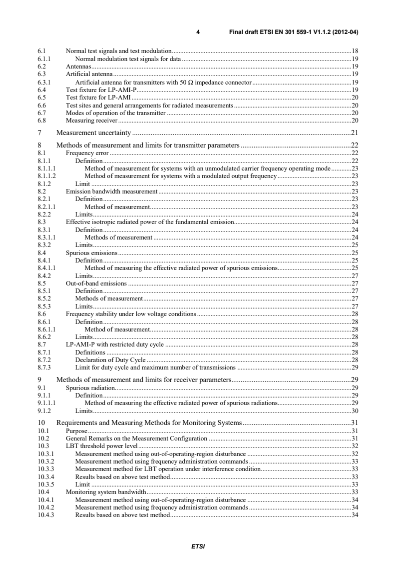 SIST EN 301 559-1 V1.1.2:2012 en_30155901v010102v - Electromagnetic compatibility and Radio spectrum Matters (ERM); Short Range Devices (SRD); Low Power Active Medical Implants (LP-AMI) operating in the frequency range 2 483,5 MHz to 2 500 MHz; Part 1: Technical characteristics and test methods - Page 4 preview