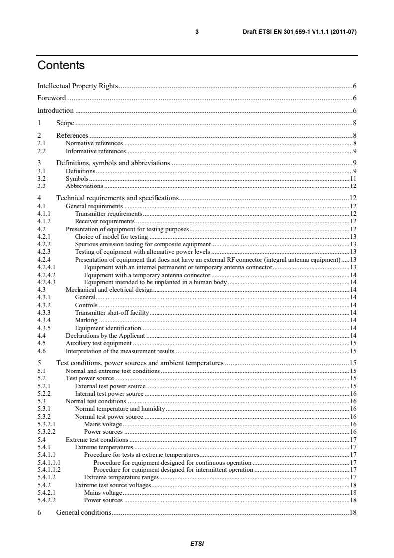 SIST EN 301 559-1 V1.1.2:2012 en_30155901v010101c - Electromagnetic compatibility and Radio spectrum Matters (ERM); Short Range Devices (SRD); Low Power Active Medical Implants (LP-AMI) operating in the frequency range 2 483,5 MHz to 2 500 MHz; Part 1: Technical characteristics and test methods - Page 3 preview