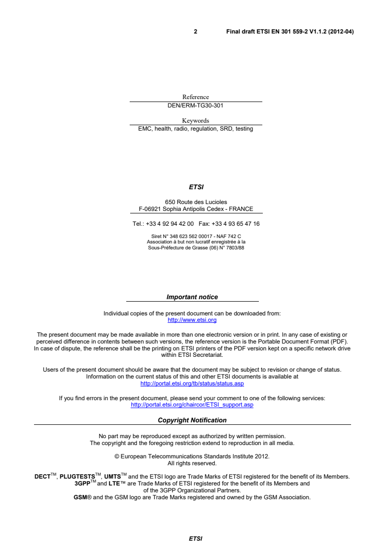 en_30155902v010102v - Electromagnetic compatibility and Radio spectrum Matters (ERM); Short Range Devices (SRD); Low Power Active Medical Implants (LP-AMI) operating in the frequency range 2 483,5 MHz to 2 500 MHz; Part 2: Harmonized EN covering the essential requirements of article 3.2 of the R&TTE Directive