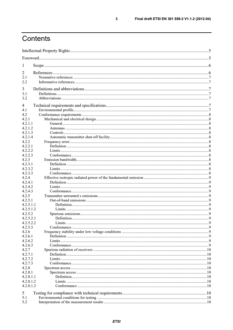 SIST EN 301 559-2 V1.1.2:2012 en_30155902v010102v - Electromagnetic compatibility and Radio spectrum Matters (ERM); Short Range Devices (SRD); Low Power Active Medical Implants (LP-AMI) operating in the frequency range 2 483,5 MHz to 2 500 MHz; Part 2: Harmonized EN covering the essential requirements of article 3.2 of the R&TTE Directive - Page 3 preview