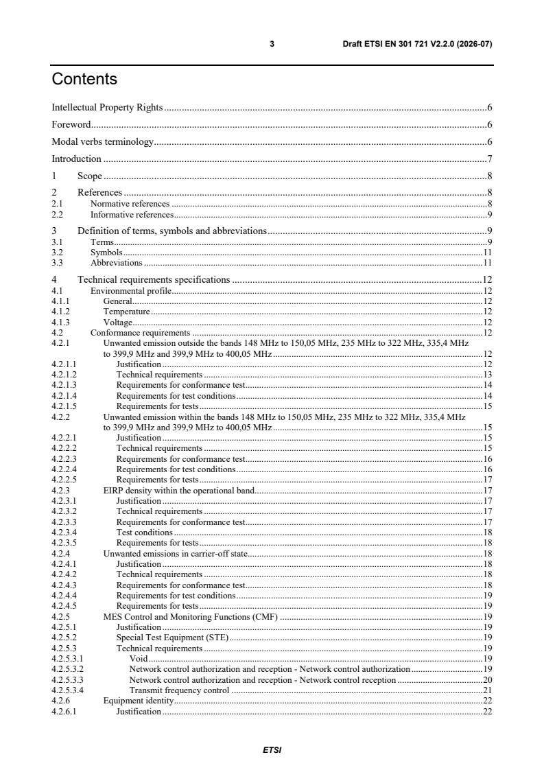 ETSI EN 301 721 V2.2.0 (2026-07) ETSI EN 301 721 V2.2.0 (2026-07) - Satellite Earth Stations and Systems (SES); Mobile Earth Stations (MES) providing Low Bit Rate Data Communications (LBRDC) using Low Earth Orbiting (LEO) satellites operating below 1 GHz frequency band; Harmonised Standard for access to radio spectrum - Page 3 preview