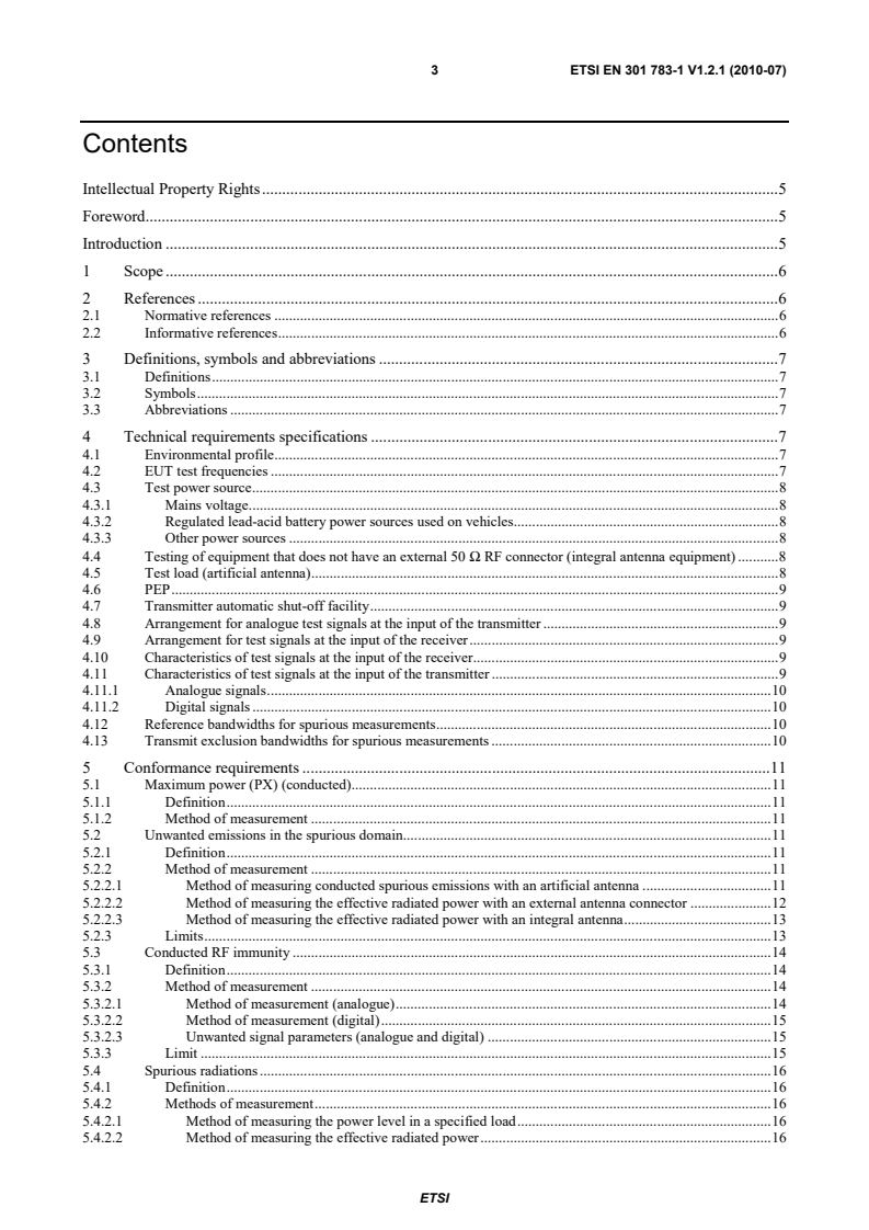 SIST EN 301 783-1 V1.2.1:2010 ETSI EN 301 783-1 V1.2.1 (2010-07) - Electromagnetic compatibility and Radio spectrum Matters (ERM); Land Mobile Service; Commercially available amateur radio equipment; Part 1: Technical characteristics and methods of measurement - Page 3 preview