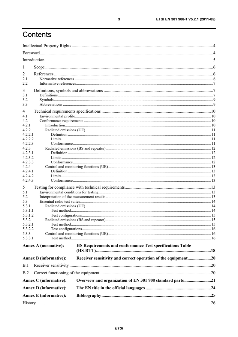 SIST EN 301 908-1 V5.2.1:2011 en_30190801v050201p - IMT cellular networks; Harmonized EN covering the essential requirements of article 3.2 of the R&TTE Directive; Part 1: Introduction and common requirements - Page 3 preview
