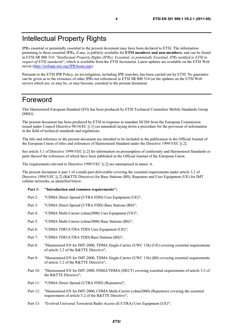 SIST EN 301 908-1 V5.2.1:2011 en_30190801v050201p - IMT cellular networks; Harmonized EN covering the essential requirements of article 3.2 of the R&TTE Directive; Part 1: Introduction and common requirements - Page 4 preview