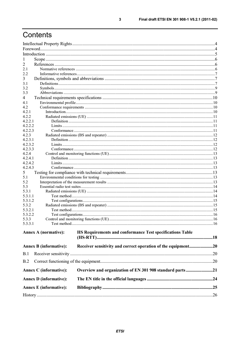SIST EN 301 908-1 V5.2.1:2011 en_30190801v050201v - IMT cellular networks; Harmonized EN covering the essential requirements of article 3.2 of the R&TTE Directive; Part 1: Introduction and common requirements - Page 3 preview