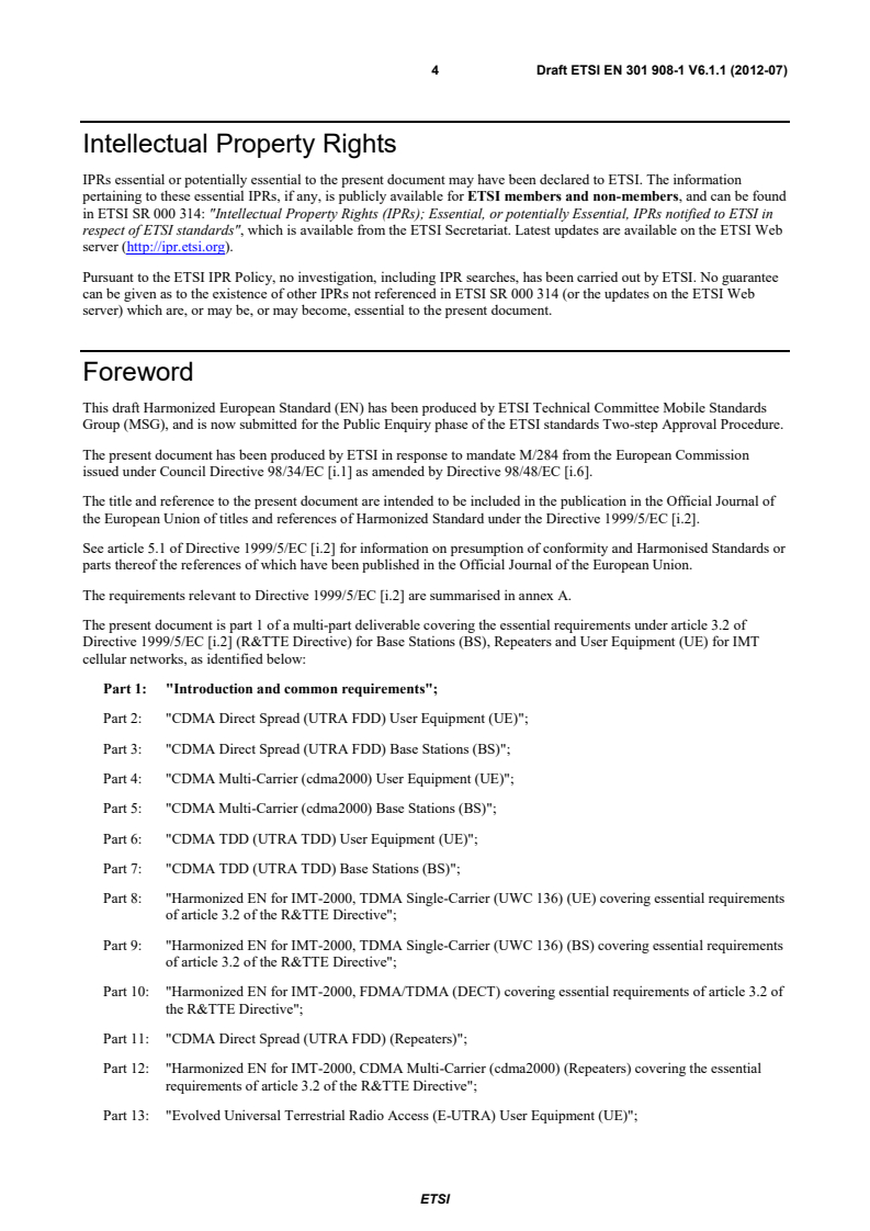 SIST EN 301 908-1 V6.2.1:2013 en_30190801v060101c - IMT cellular networks; Harmonized EN covering the essential requirements of article 3.2 of the R&TTE Directive; Part 1: Introduction and common requirements - Page 4 preview