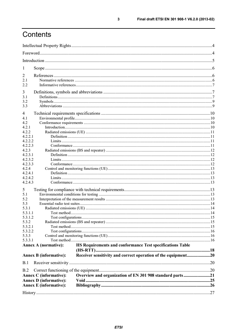 SIST EN 301 908-1 V6.2.1:2013 ETSI EN 301 908-1 V6.2.0 (2013-02) - IMT cellular networks; Harmonized EN covering the essential requirements of article 3.2 of the R&TTE Directive; Part 1: Introduction and common requirements - Page 3 preview