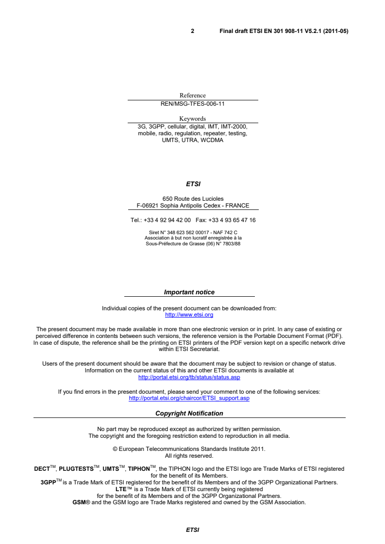 en_30190811v050201v - IMT cellular networks; Harmonized EN covering the essential requirements of article 3.2 of the R&TTE Directive; Part 11: CDMA Direct Spread (UTRA FDD) (Repeaters)
