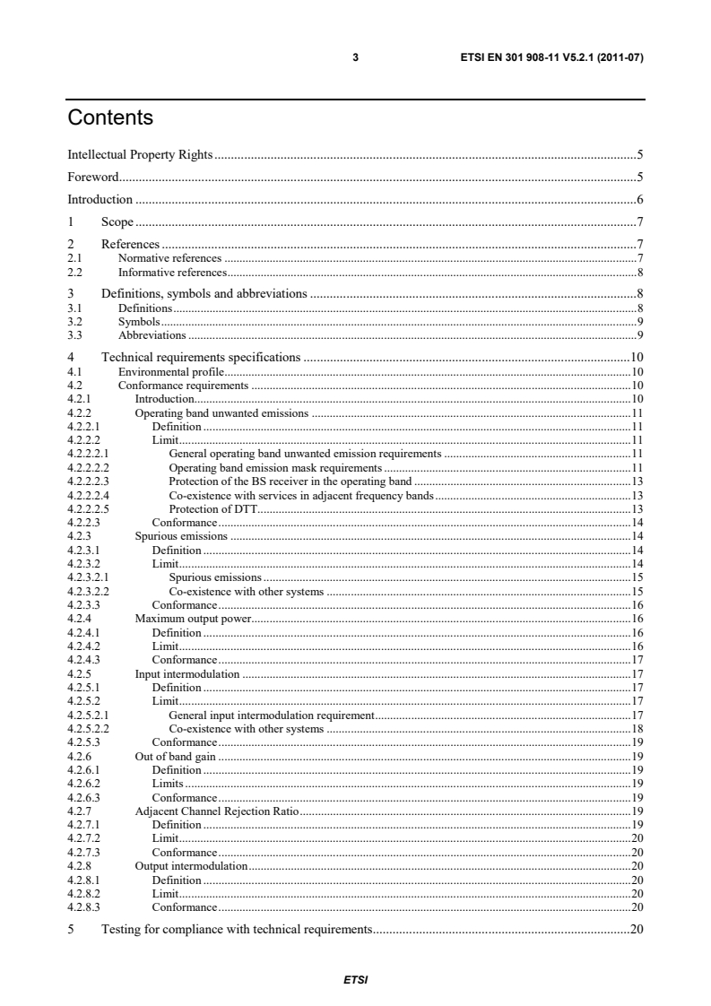 SIST EN 301 908-11 V5.2.1:2011 en_30190811v050201p - IMT cellular networks; Harmonized EN covering the essential requirements of article 3.2 of the R&TTE Directive; Part 11: CDMA Direct Spread (UTRA FDD) (Repeaters) - Page 3 preview