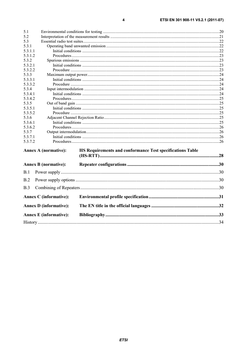 SIST EN 301 908-11 V5.2.1:2011 en_30190811v050201p - IMT cellular networks; Harmonized EN covering the essential requirements of article 3.2 of the R&TTE Directive; Part 11: CDMA Direct Spread (UTRA FDD) (Repeaters) - Page 4 preview