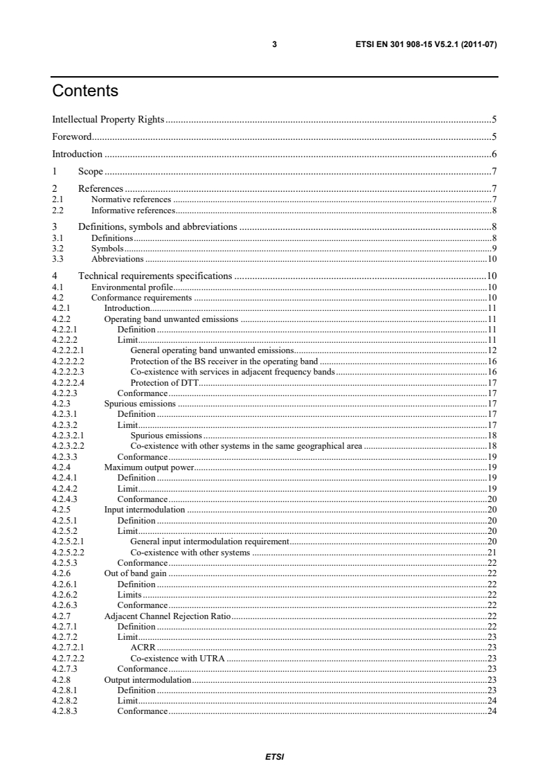SIST EN 301 908-15 V5.2.1:2011 en_30190815v050201p - IMT cellular networks; Harmonized EN covering the essential requirements of article 3.2 of the R&TTE Directive; Part 15: Evolved Universal Terrestrial Radio Access (E-UTRA FDD) (Repeaters) - Page 3 preview