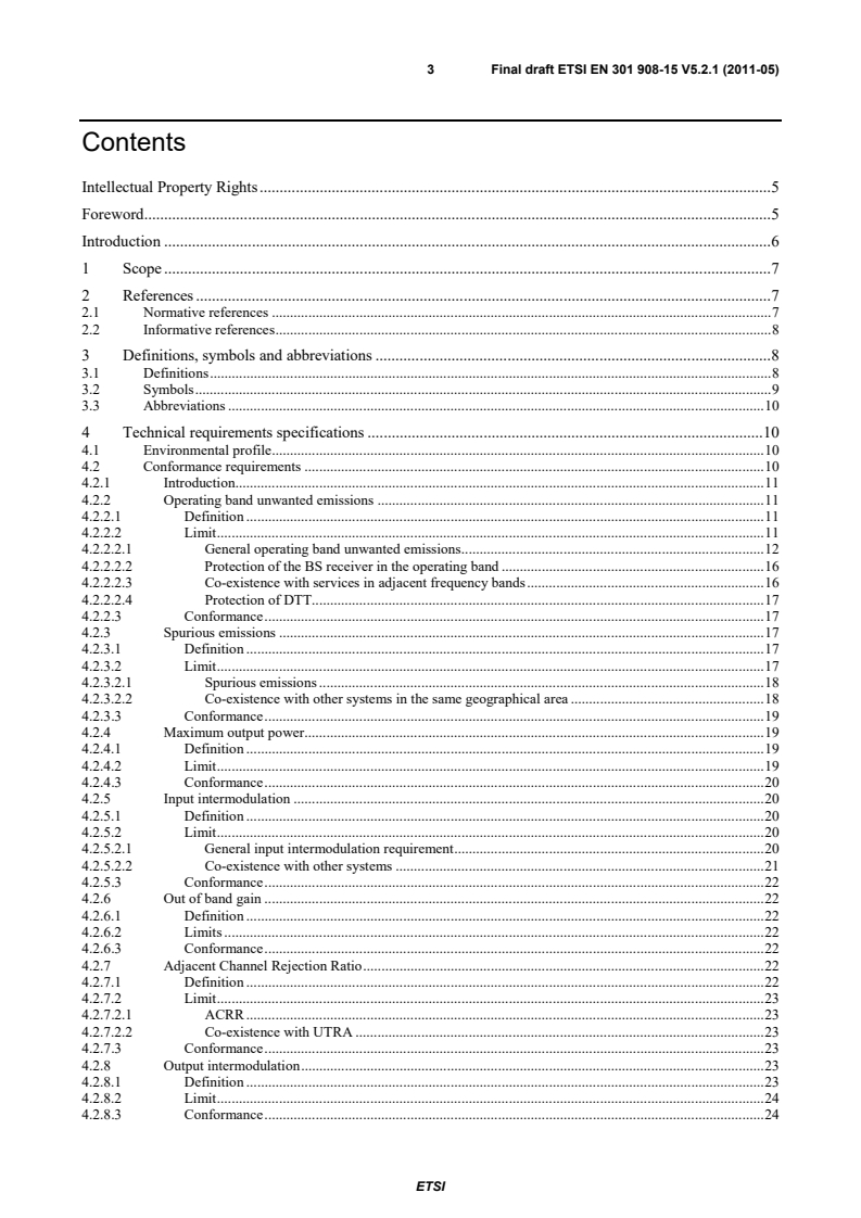 SIST EN 301 908-15 V5.2.1:2011 en_30190815v050201v - IMT cellular networks; Harmonized EN covering the essential requirements of article 3.2 of the R&TTE Directive; Part 15: Evolved Universal Terrestrial Radio Access (E-UTRA FDD) (Repeaters) - Page 3 preview