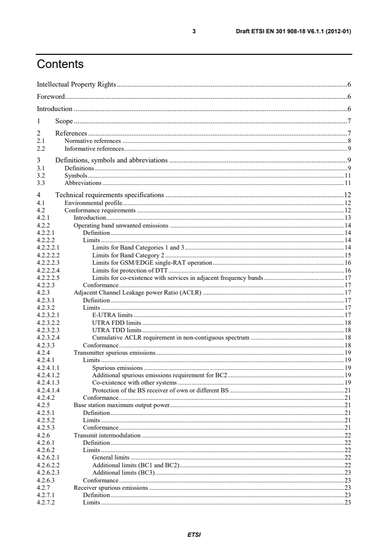 SIST EN 301 908-18 V6.2.1:2013 en_30190818v060101c - IMT cellular networks; Harmonized EN covering the essential requirements of article 3.2 of the R&TTE Directive; Part 18: E-UTRA, UTRA and GSM/EDGE Multi-Standard Radio (MSR) Base Station (BS) - Page 3 preview