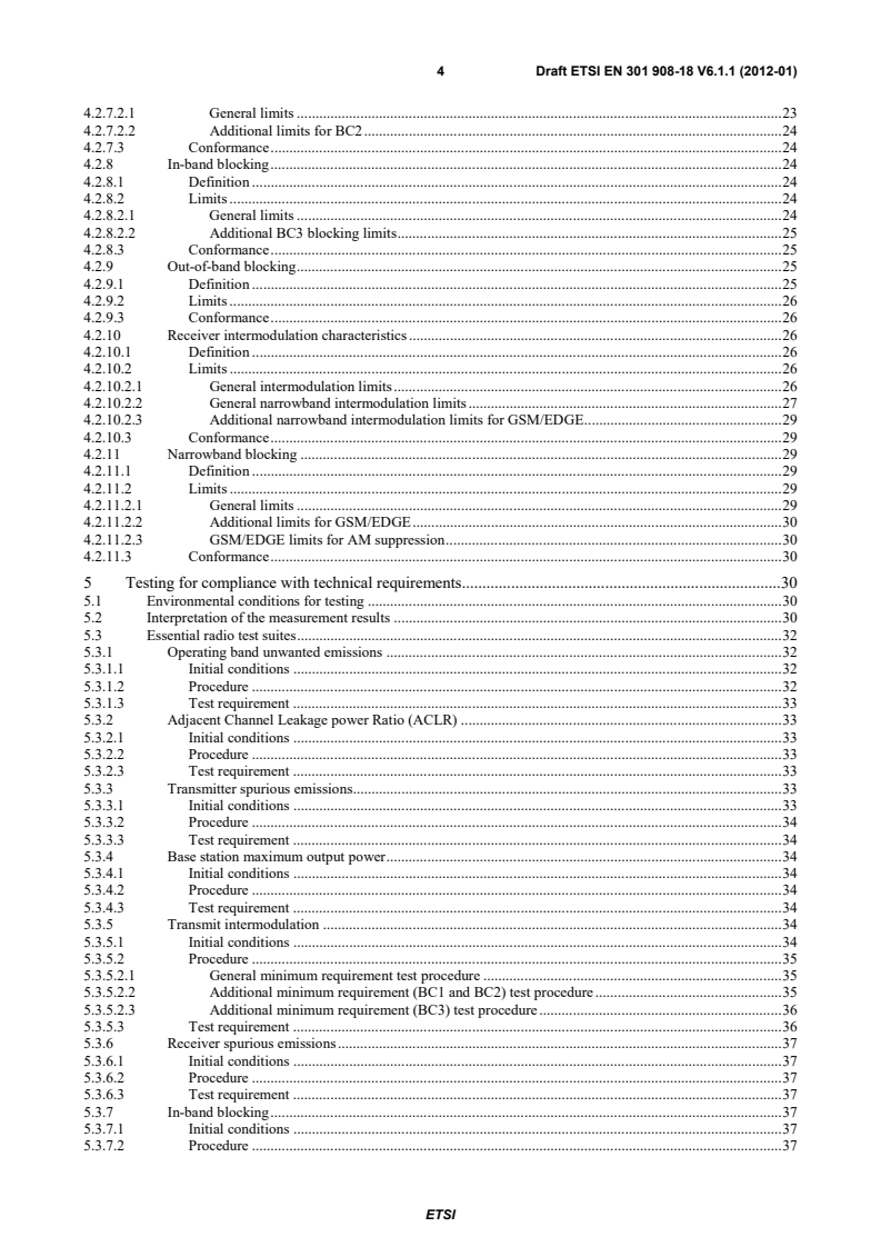 SIST EN 301 908-18 V6.2.1:2013 en_30190818v060101c - IMT cellular networks; Harmonized EN covering the essential requirements of article 3.2 of the R&TTE Directive; Part 18: E-UTRA, UTRA and GSM/EDGE Multi-Standard Radio (MSR) Base Station (BS) - Page 4 preview