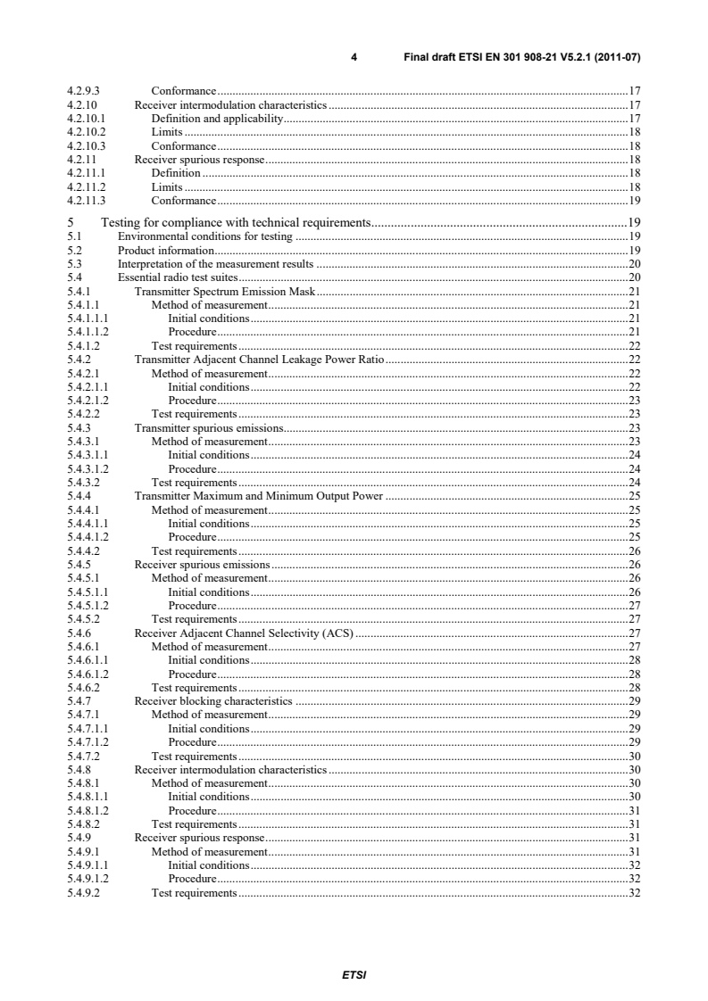 SIST EN 301 908-21 V5.2.1:2011 en_30190821v050201v - IMT cellular networks; Harmonized EN covering the essential requirements of article 3.2 of the R&TTE Directive; Part 21: OFDMA TDD WMAN (Mobile WiMAX) FDD User Equipment (UE) - Page 4 preview