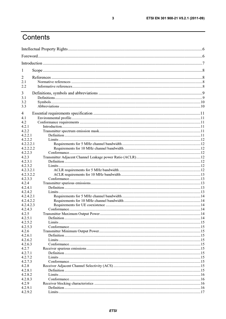 SIST EN 301 908-21 V5.2.1:2011 en_30190821v050201p - IMT cellular networks; Harmonized EN covering the essential requirements of article 3.2 of the R&TTE Directive; Part 21: OFDMA TDD WMAN (Mobile WiMAX) FDD User Equipment (UE) - Page 3 preview