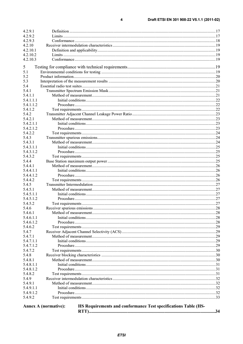 SIST EN 301 908-22 V5.2.1:2011 en_30190822v050101c - IMT cellular networks; Harmonized EN covering the essential requirements of article 3.2 of the R&TTE Directive; Part 22: OFDMA TDD WMAN (Mobile WiMAX) FDD Base Stations (BS) - Page 4 preview