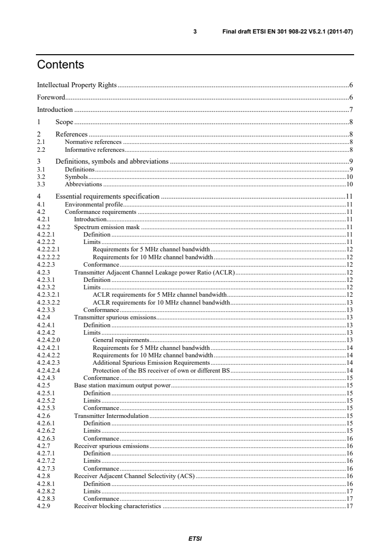 SIST EN 301 908-22 V5.2.1:2011 en_30190822v050201v - IMT cellular networks; Harmonized EN covering the essential requirements of article 3.2 of the R&TTE Directive; Part 22: OFDMA TDD WMAN (Mobile WiMAX) FDD Base Stations (BS) - Page 3 preview