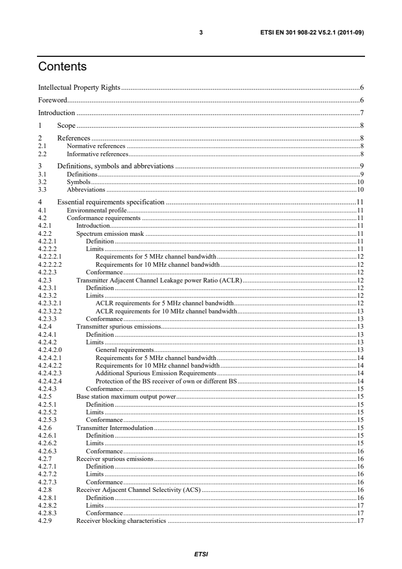 SIST EN 301 908-22 V5.2.1:2011 en_30190822v050201p - IMT cellular networks; Harmonized EN covering the essential requirements of article 3.2 of the R&TTE Directive; Part 22: OFDMA TDD WMAN (Mobile WiMAX) FDD Base Stations (BS) - Page 3 preview