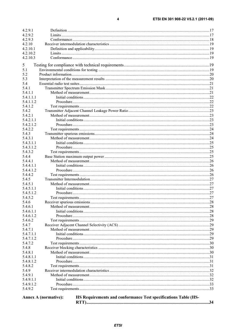 SIST EN 301 908-22 V5.2.1:2011 en_30190822v050201p - IMT cellular networks; Harmonized EN covering the essential requirements of article 3.2 of the R&TTE Directive; Part 22: OFDMA TDD WMAN (Mobile WiMAX) FDD Base Stations (BS) - Page 4 preview