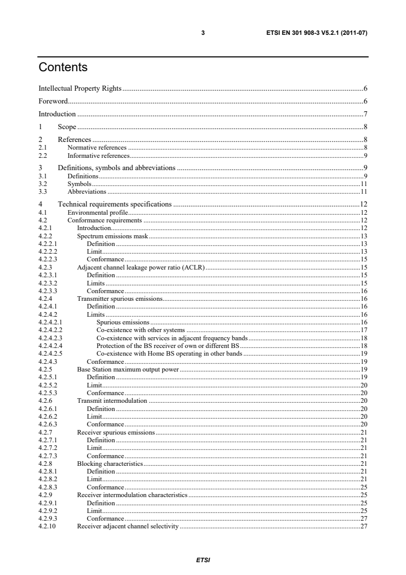 SIST EN 301 908-3 V5.2.1:2011 en_30190803v050201p - IMT cellular networks; Harmonized EN covering the essential requirements of article 3.2 of the R&TTE Directive; Part 3: CDMA Direct Spread (UTRA FDD) Base Stations (BS) - Page 3 preview