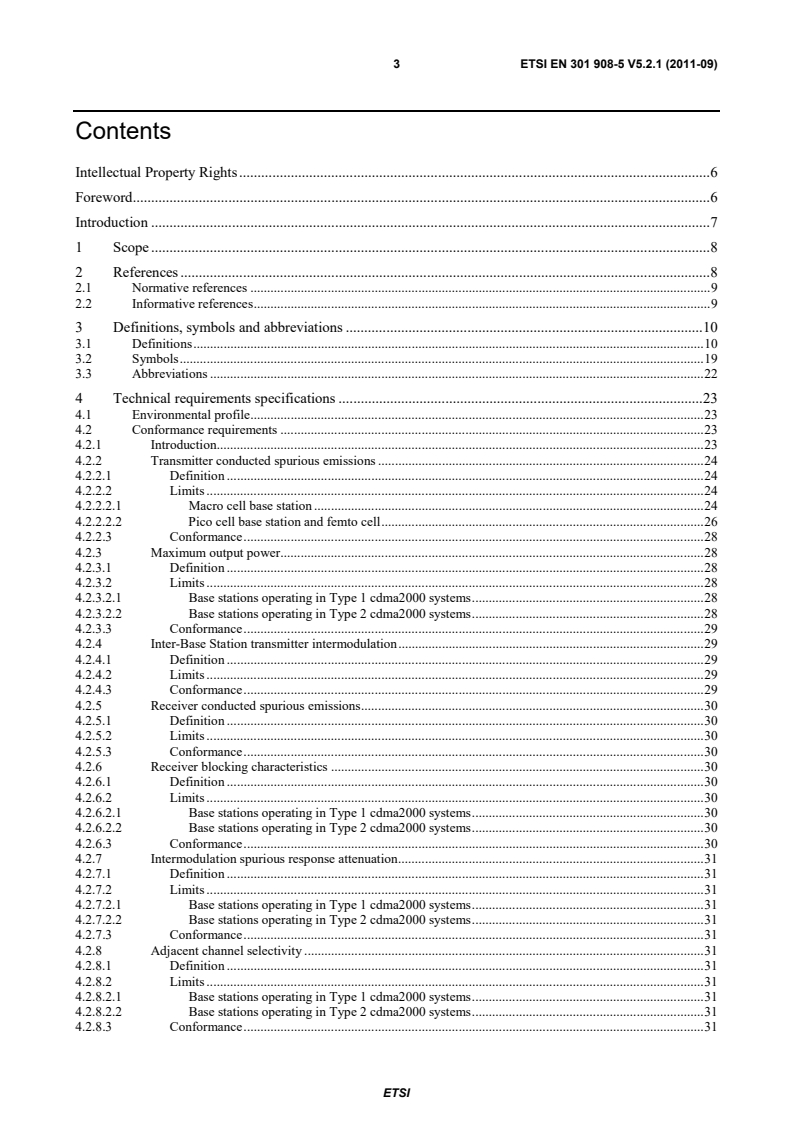 SIST EN 301 908-5 V5.2.1:2011 en_30190805v050201p - IMT cellular networks; Harmonized EN covering the essential requirements of article 3.2 of the R&TTE Directive; Part 5: CDMA Multi-Carrier (cdma2000) Base Stations (BS) - Page 3 preview
