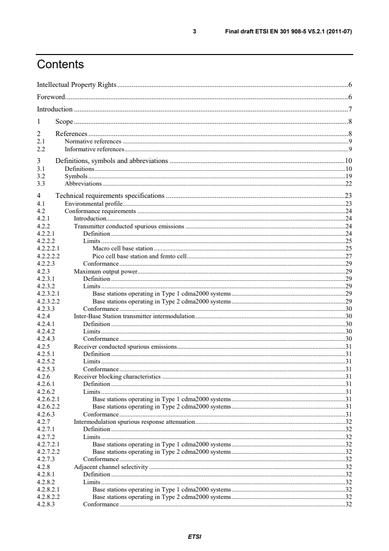 SIST EN 301 908-5 V5.2.1:2011 en_30190805v050201v - IMT cellular networks; Harmonized EN covering the essential requirements of article 3.2 of the R&TTE Directive; Part 5: CDMA Multi-Carrier (cdma2000) Base Stations (BS) - Page 3 preview