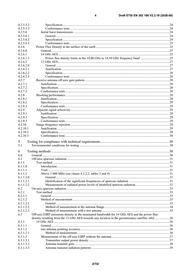 oSIST prEN 302 186 V2.2.19:2026 ETSI EN 302 186 V2.2.19 (2026-08) - Satellite Earth Stations and Systems (SES); Aircraft Earth Stations (AESs) operating in the 11/12/14 GHz frequency bands; Harmonised Standard for access to radio spectrum - Page 4 preview