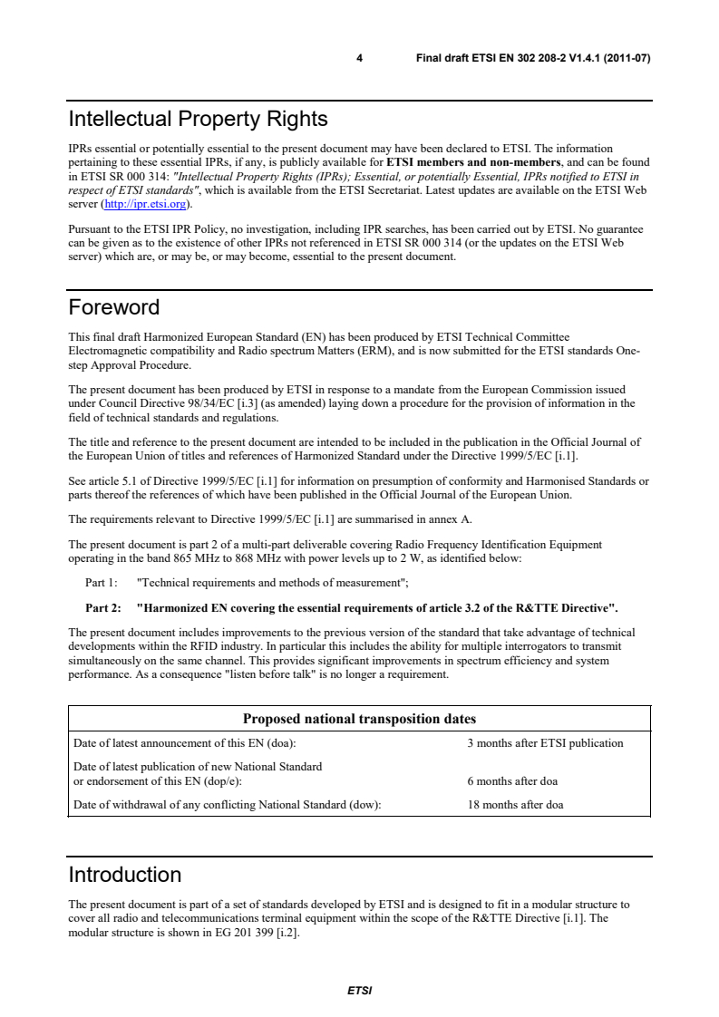 SIST EN 302 208-2 V1.4.1:2011 en_30220802v010401o - Electromagnetic compatibility and Radio spectrum Matters (ERM); Radio Frequency Identification Equipment operating in the band 865 MHz to 868 MHz with power levels up to 2 W; Part 2: Harmonized EN covering the essential requirements of article 3.2 of the R&TTE Directive - Page 4 preview