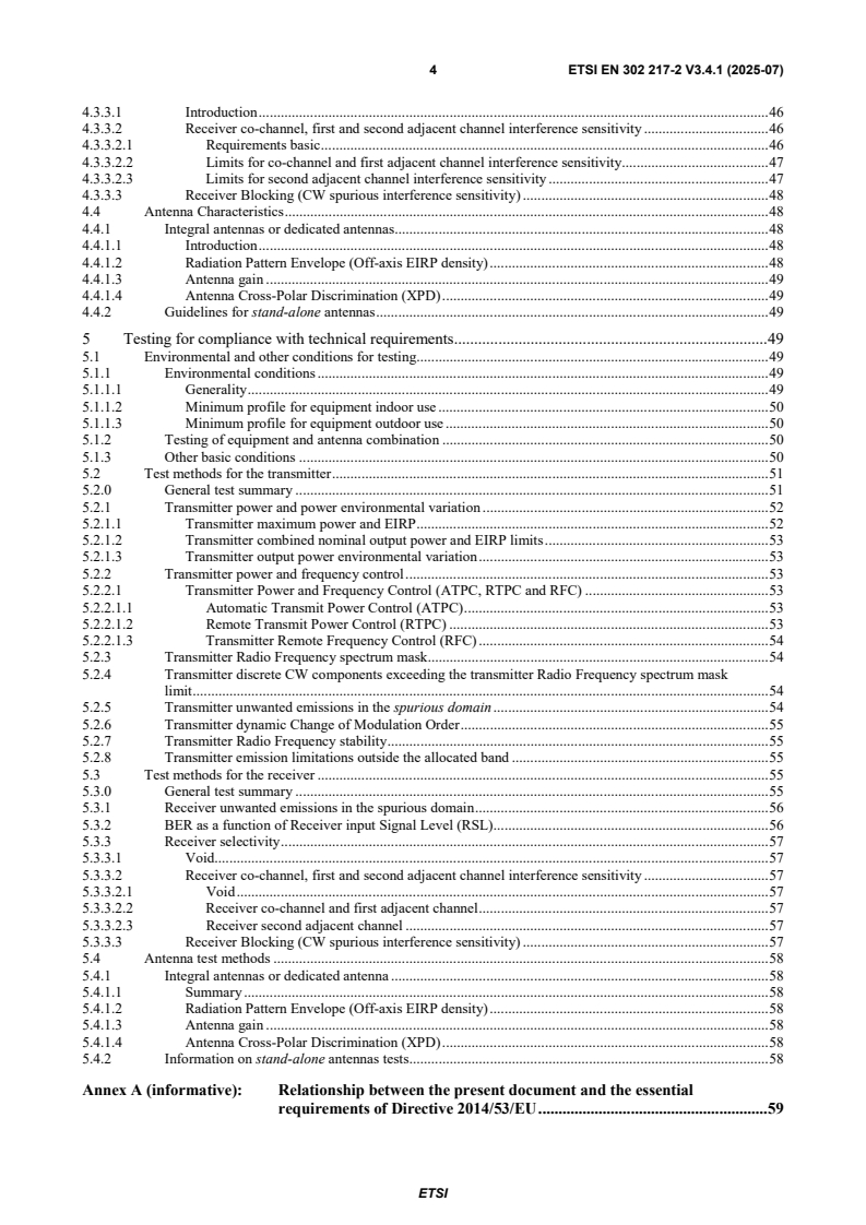 SIST EN 302 217-2 V3.4.1:2025 ETSI EN 302 217-2 V3.4.1 (2025-07) - Fixed Radio Systems; Characteristics and requirements for point-to-point equipment and antennas; Part 2: Digital systems operating in frequency bands from 1 GHz to 174,8 GHz; Harmonised Standard for access to radio spectrum - Page 4 preview
