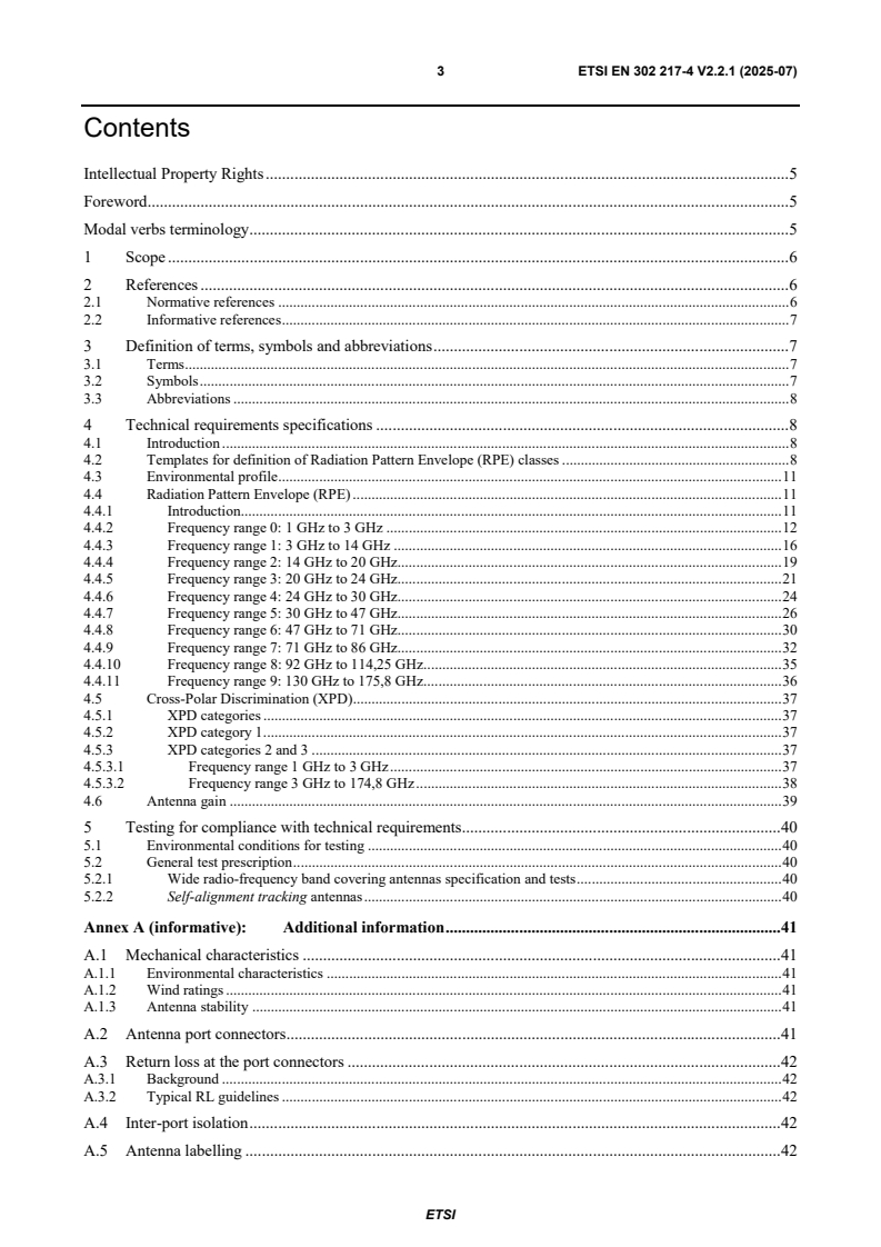 SIST EN 302 217-4 V2.2.1:2025 ETSI EN 302 217-4 V2.2.1 (2025-07) - Fixed Radio Systems; Characteristics and requirements for point-to-point equipment and antennas; Part 4: Antennas - Page 3 preview