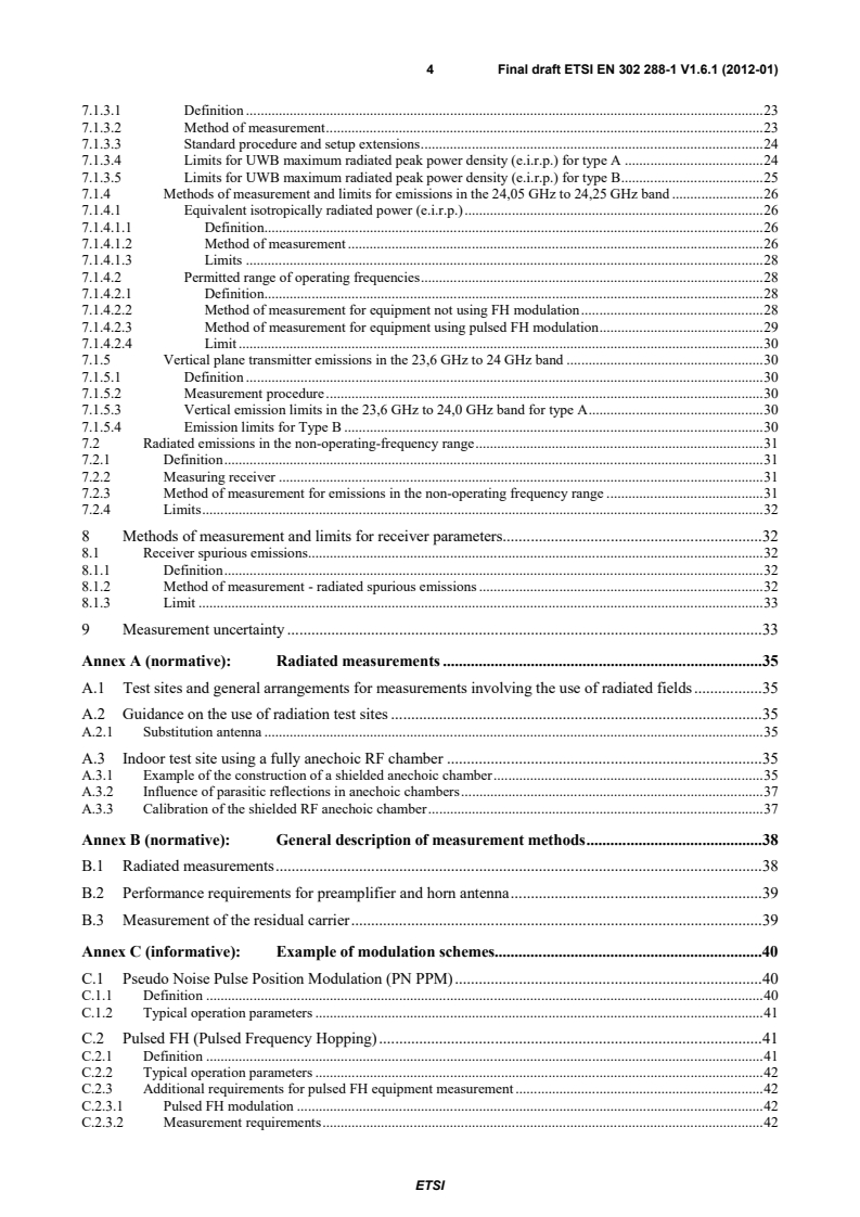 SIST EN 302 288-1 V1.6.1:2012 en_30228801v010601v - Electromagnetic compatibility and Radio spectrum Matters (ERM); Short Range Devices; Road Transport and Traffic Telematics (RTTT); Short range radar equipment operating in the 24 GHz range; Part 1: Technical requirements and methods of measurement - Page 4 preview