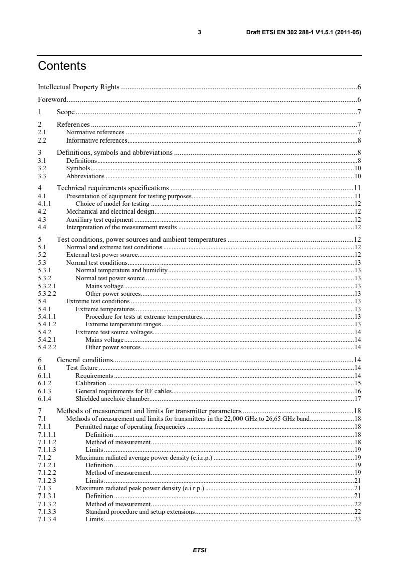 SIST EN 302 288-1 V1.6.1:2012 en_30228801v010501c - Electromagnetic compatibility and Radio spectrum Matters (ERM); Short Range Devices; Road Transport and Traffic Telematics (RTTT); Short range radar equipment operating in the 24 GHz range; Part 1: Technical requirements and methods of measurement - Page 3 preview