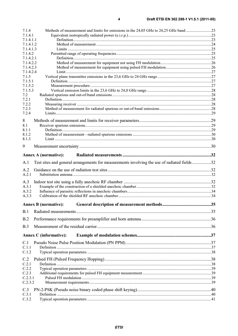 SIST EN 302 288-1 V1.6.1:2012 en_30228801v010501c - Electromagnetic compatibility and Radio spectrum Matters (ERM); Short Range Devices; Road Transport and Traffic Telematics (RTTT); Short range radar equipment operating in the 24 GHz range; Part 1: Technical requirements and methods of measurement - Page 4 preview