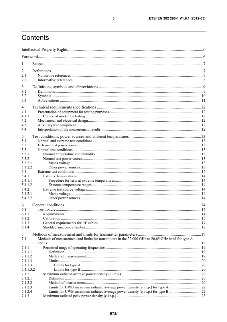 SIST EN 302 288-1 V1.6.1:2012 en_30228801v010601p - Electromagnetic compatibility and Radio spectrum Matters (ERM); Short Range Devices; Road Transport and Traffic Telematics (RTTT); Short range radar equipment operating in the 24 GHz range; Part 1: Technical requirements and methods of measurement - Page 3 preview