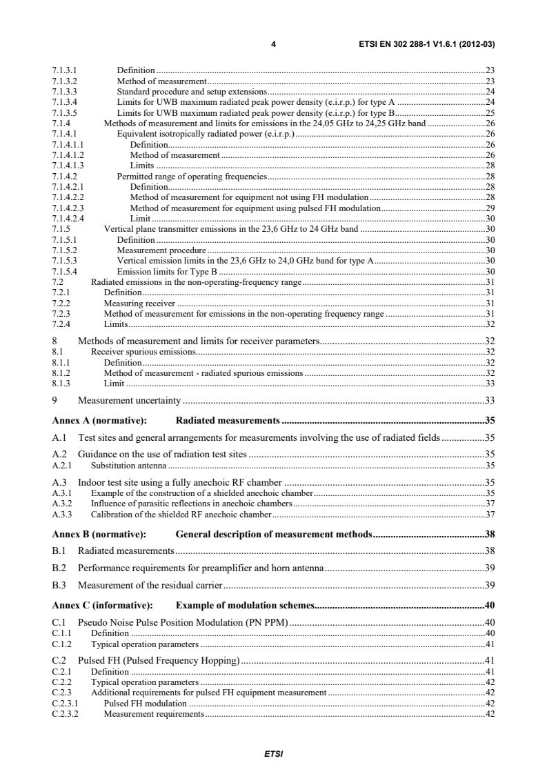 SIST EN 302 288-1 V1.6.1:2012 en_30228801v010601p - Electromagnetic compatibility and Radio spectrum Matters (ERM); Short Range Devices; Road Transport and Traffic Telematics (RTTT); Short range radar equipment operating in the 24 GHz range; Part 1: Technical requirements and methods of measurement - Page 4 preview