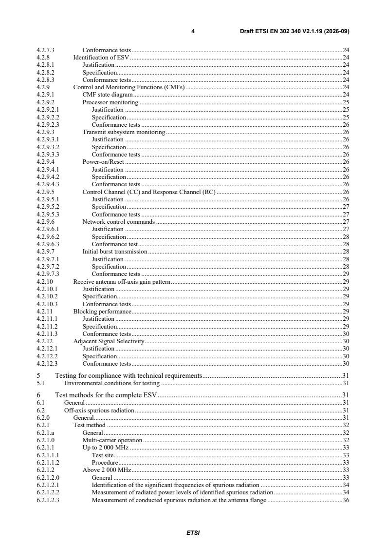 oSIST prEN 302 340 V2.1.19:2026 ETSI EN 302 340 V2.1.19 (2026-09) - Satellite Earth Stations and Systems (SES); Satellite Earth Stations on board Vessels (ESVs) operating in the 11/12/14 GHz frequency bands allocated to the Fixed Satellite Service (FSS); Harmonised Standard for access to radio spectrum - Page 4 preview