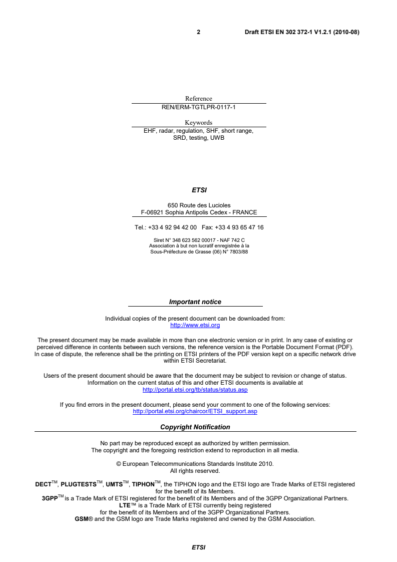 ETSI EN 302 372-1 V1.2.1 (2010-08) - Electromagnetic compatibility and Radio spectrum Matters (ERM); Short Range Devices (SRD); Equipment for Detection and Movement; Tanks Level Probing Radar (TLPR) operating in the frequency bands 5,8 GHz, 10 GHz, 25 GHz, 61 GHz and 77 GHz; Part 1: Technical characteristics and test methods