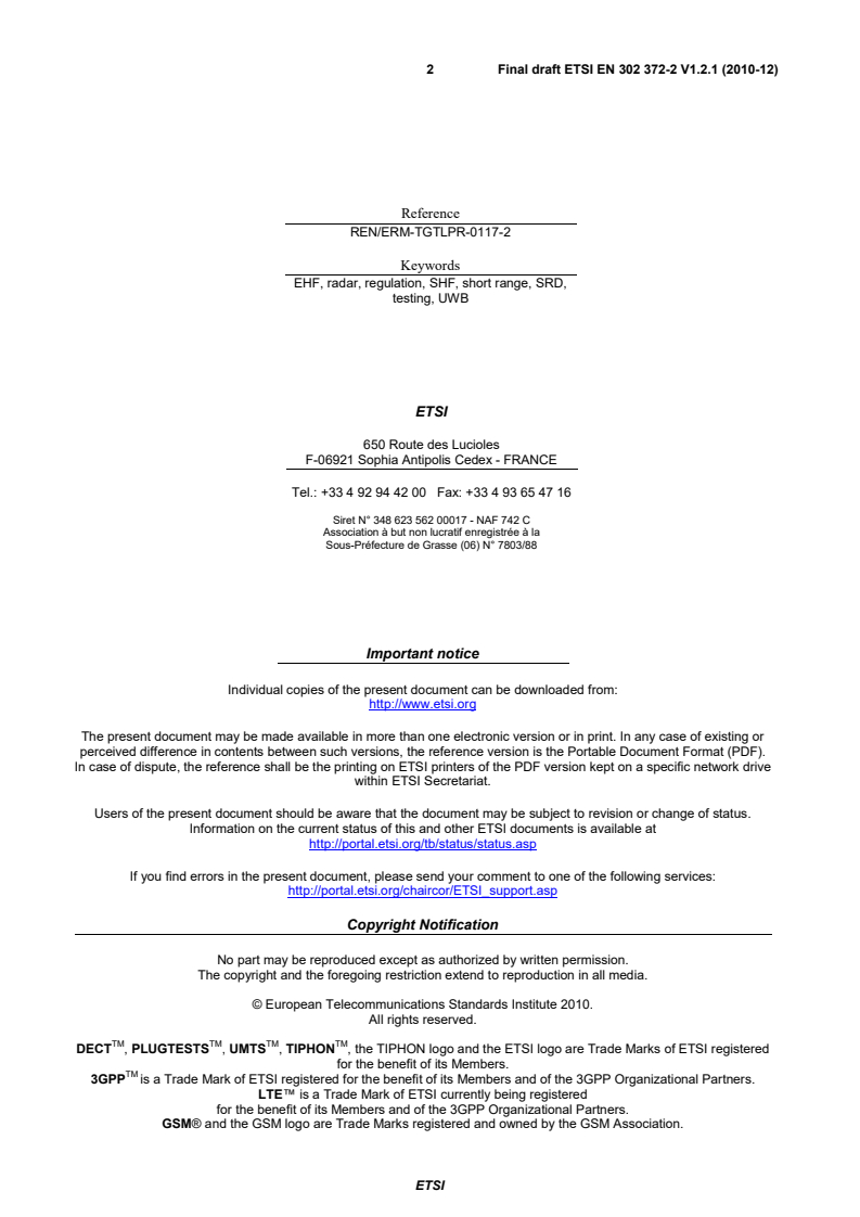 en_30237202v010201v - Electromagnetic compatibility and Radio spectrum Matters (ERM); Short Range Devices (SRD); Equipment for Detection and Movement; Tanks Level Probing Radar (TLPR) operating in the frequency bands 5,8 GHz, 10 GHz, 25 GHz, 61 GHz and 77 GHz; Part 2: Harmonized EN covering the essential requirements of article 3.2 of the R&TTE Directive