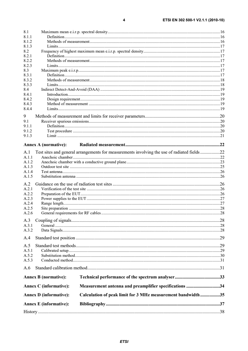 SIST EN 302 500-1 V2.1.1:2010 ETSI EN 302 500-1 V2.1.1 (2010-10) - Electromagnetic compatibility and Radio spectrum Matters (ERM); Short Range Devices (SRD) using Ultra WideBand (UWB) technology; Location Tracking equipment operating in the frequency range from 6 GHz to 9 GHz; Part 1: Technical characteristics and methods of measurement - Page 4 preview