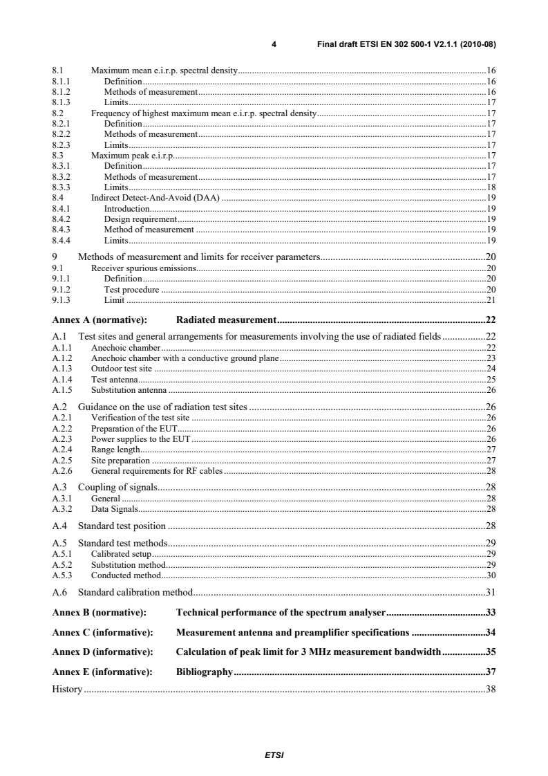 SIST EN 302 500-1 V2.1.1:2010 ETSI EN 302 500-1 V2.1.1 (2010-08) - Electromagnetic compatibility and Radio spectrum Matters (ERM); Short Range Devices (SRD) using Ultra WideBand (UWB) technology; Location Tracking equipment operating in the frequency range from 6 GHz to 9 GHz; Part 1: Technical characteristics and methods of measurement - Page 4 preview