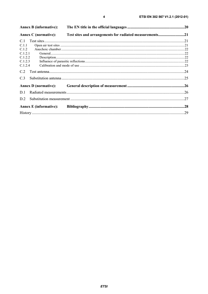 SIST EN 302 567 V1.2.1:2012 en_302567v010201p - Broadband Radio Access Networks (BRAN); 60 GHz Multiple-Gigabit WAS/RLAN Systems; Harmonized EN covering the essential requirements of article 3.2 of the R&TTE Directive - Page 4 preview