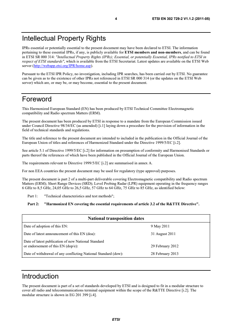 SIST EN 302 729-2 V1.1.2:2011 en_30272902v010102p - Electromagnetic compatibility and Radio spectrum Matters (ERM); Short Range Devices (SRD); Level Probing Radar (LPR) equipment operating in the frequency ranges 6 GHz to 8,5 GHz, 24,05 GHz to 26,5 GHz, 57 GHz to 64 GHz, 75 GHz to 85 GHz; Part 2: Harmonized EN covering the essential requirements of article 3.2 of the R&TTE Directive - Page 4 preview