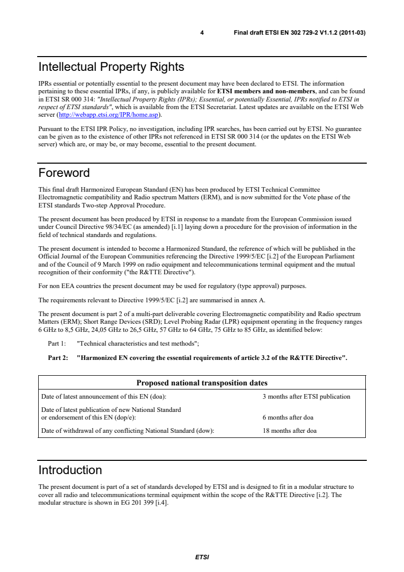 SIST EN 302 729-2 V1.1.2:2011 en_30272902v010102v - Electromagnetic compatibility and Radio spectrum Matters (ERM); Short Range Devices (SRD); Level Probing Radar (LPR) equipment operating in the frequency ranges 6 GHz to 8,5 GHz, 24,05 GHz to 26,5 GHz, 57 GHz to 64 GHz, 75 GHz to 85 GHz; Part 2: Harmonized EN covering the essential requirements of article 3.2 of the R&TTE Directive - Page 4 preview