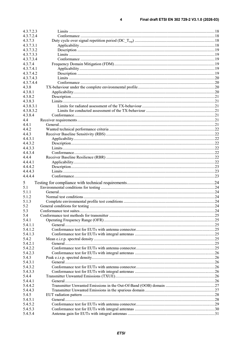 SIST EN 302 729-2 V3.1.1:2026 ETSI EN 302 729-2 V3.1.0 (2026-03) - Short Range Devices (SRD) using Ultra Wide Band technology (UWB); Harmonised standard for access to radio spectrum; Part 2: Level Probing Radar (LPR) equipment operating in the frequency range 75 GHz to 85 GHz for tilted downward installation - Page 4 preview