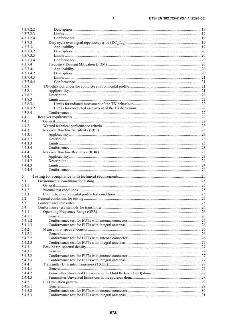 SIST EN 302 729-2 V3.1.1:2026 ETSI EN 302 729-2 V3.1.1 (2026-05) - Short Range Devices (SRD) using Ultra Wide Band technology (UWB); Harmonised standard for access to radio spectrum; Part 2: Level Probing Radar (LPR) equipment operating in the frequency range 75 GHz to 85 GHz for tilted downward installation - Page 4 preview