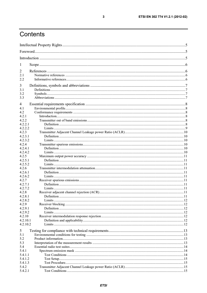 SIST EN 302 774 V1.2.1:2012 en_302774v010201p - Broadband Wireless Access Systems (BWA) in the 3 400 MHz to 3 800 MHz frequency band; Base Stations; Harmonized EN covering the essential requirements of article 3.2 of the R&TTE Directive - Page 3 preview