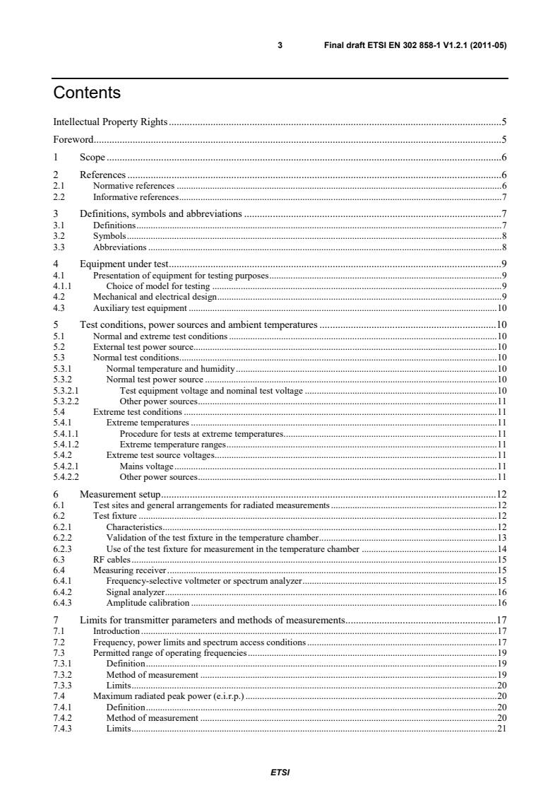 SIST EN 302 858-1 V1.2.1:2011 en_30285801v010201v - Electromagnetic compatibility and Radio spectrum Matters (ERM); Road Transport and Traffic Telematics (RTTT); Short range radar equipment operating in the 24,05 GHz to 24,25 GHz frequency range for automotive application; Part 1: Technical characteristics and test methods - Page 3 preview