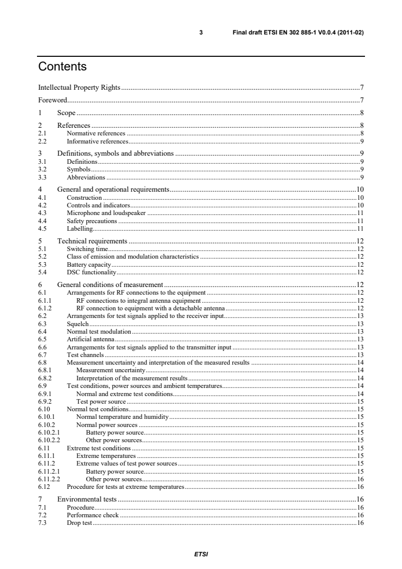 SIST EN 302 885-1 V1.1.1:2011 en_30288501v000004v - Electromagnetic compatibility and Radio spectrum Matters (ERM); Portable Very High Frequency (VHF) radiotelephone equipment for the maritime mobile service operating in the VHF bands with integrated handheld class D DSC; Part 1: Technical characteristics and methods of measurement - Page 3 preview