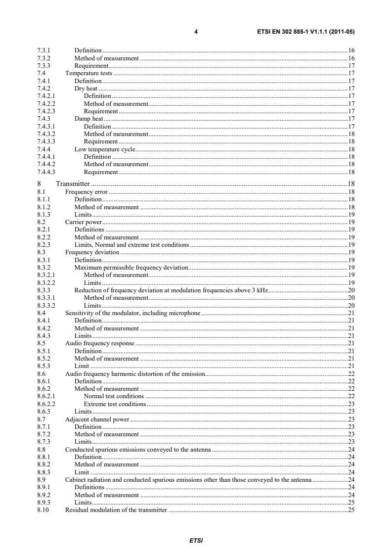 SIST EN 302 885-1 V1.1.1:2011 en_30288501v010101p - Electromagnetic compatibility and Radio spectrum Matters (ERM); Portable Very High Frequency (VHF) radiotelephone equipment for the maritime mobile service operating in the VHF bands with integrated handheld class D DSC; Part 1: Technical characteristics and methods of measurement - Page 4 preview